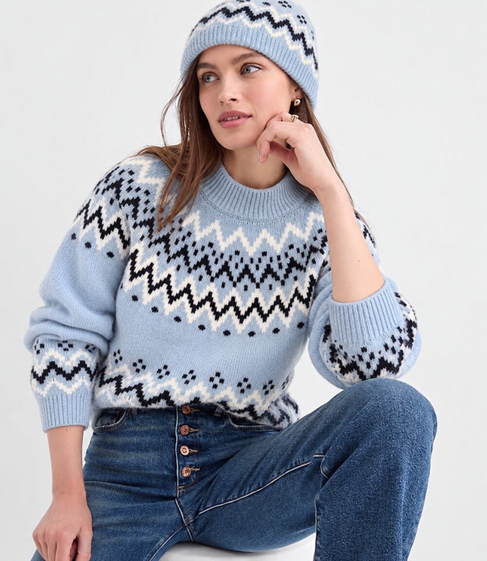 Rachel Zoe Fair Isle Sweater Beanie Set Womens S Blue Fuzzy Nordic Knit NWT